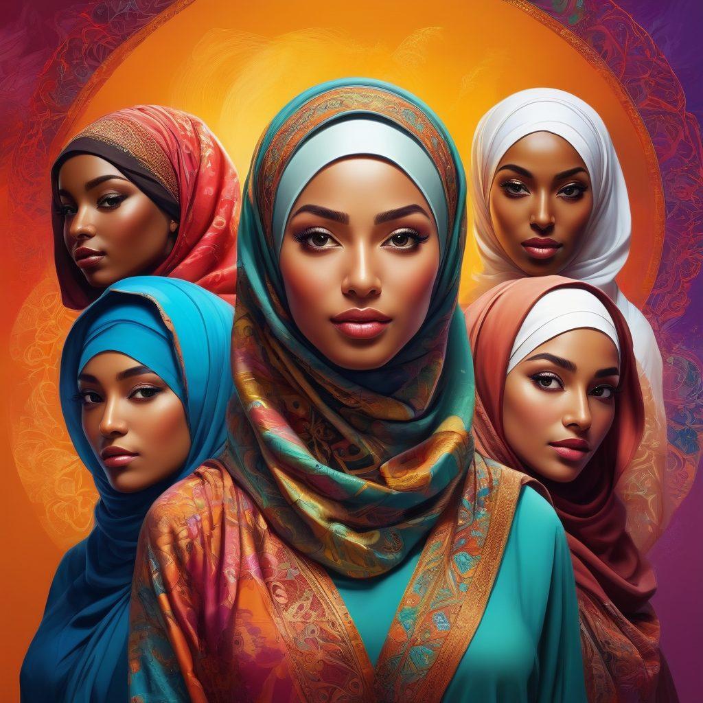 A vibrant and captivating illustration featuring a diverse group of characters in artistic poses, showcasing elements of adult animation interwoven with cultural symbols of hijab. Use intricate patterns and soft lighting to highlight sensuality while maintaining respect for cultural nuances. The background should incorporate abstract shapes that evoke a sense of mystery and allure. Infuse rich colors to create an inviting atmosphere. digital painting. vibrant colors. intricate details.