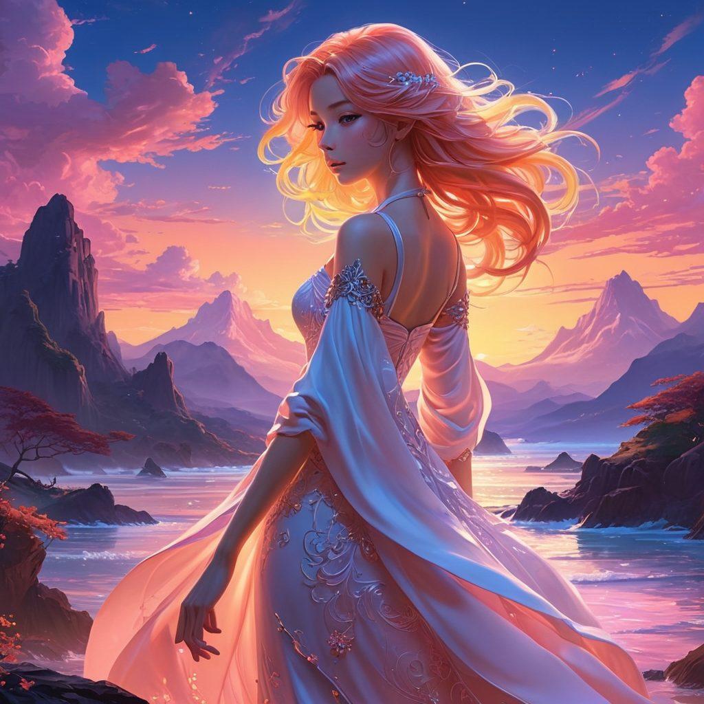 A visually stunning scene depicting a stylized anime character with vibrant flowing hair, dressed in elegant, intricate clothing, surrounded by abstract shapes symbolizing themes of desire and exploration. The background is a dreamy landscape at dusk, blending soft pastel colors with hints of neon lights. The overall composition should evoke a sense of intrigue and sensuality, merging anime aesthetics with mature undertones. surreal art. vibrant colors. dynamic lighting.