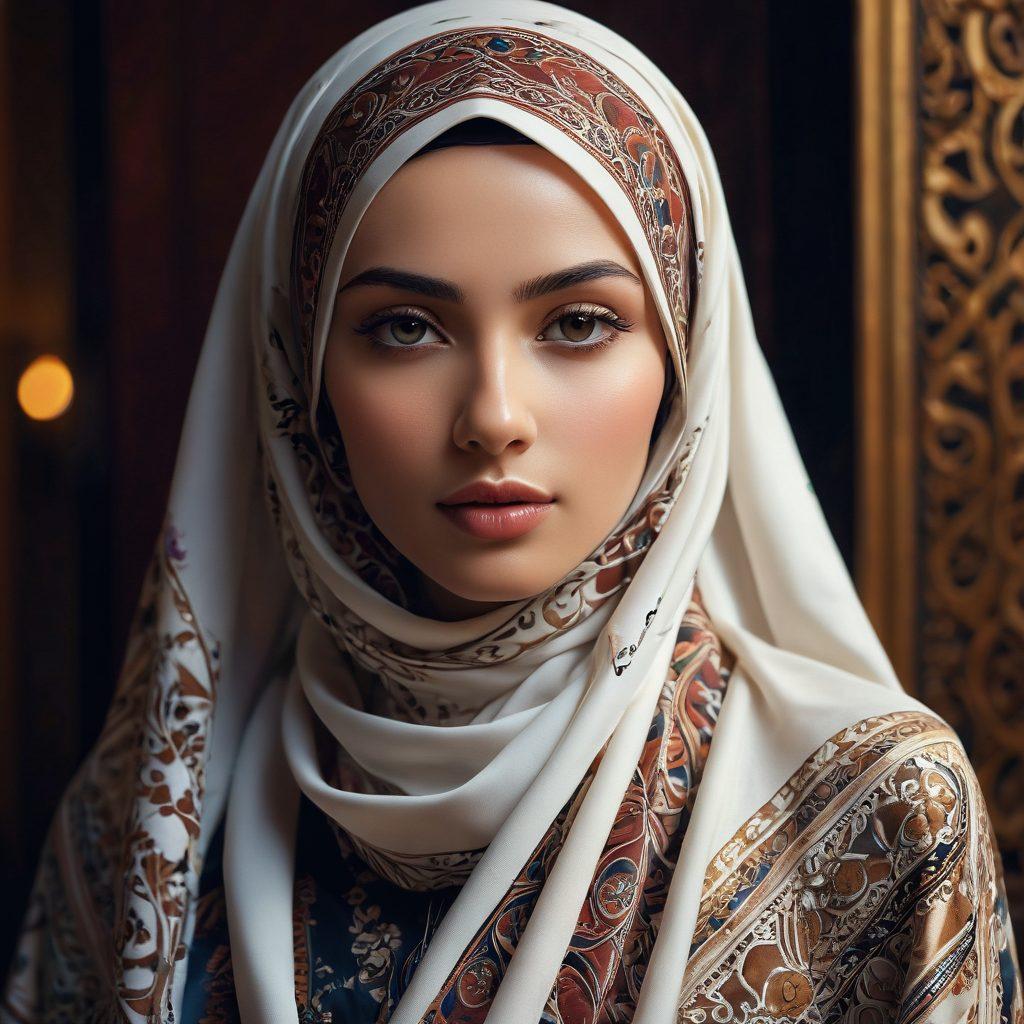 A captivating scene showcasing an elegant, mysterious woman in a beautifully patterned hijab, embodying sensuality and allure. Include subtle hints of cinematic lighting and a dreamy atmosphere, blending elements of glamour and intrigue. The background features abstract shapes symbolizing the world of adult films, creating a juxtaposition between tradition and contemporary themes. Emphasize a palette of rich, deep colors to evoke emotion and depth. super-realistic. vibrant colors. cinematic lighting.